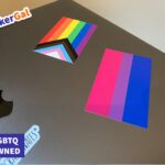 bi pride flag laptop sticker on a macbook pro