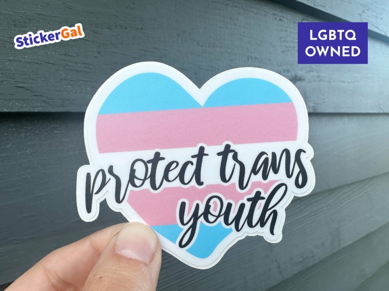 Protect Trans Youth Trans Flag Heart waterproof vinyl sticker for Transgender Allies StickerGal Pride Shop